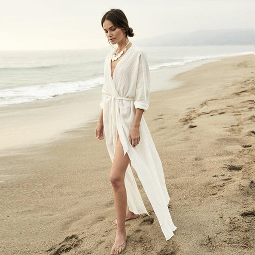 Beach Cover Up  White V Neck Bat Sleeves Loose Beach Dresses